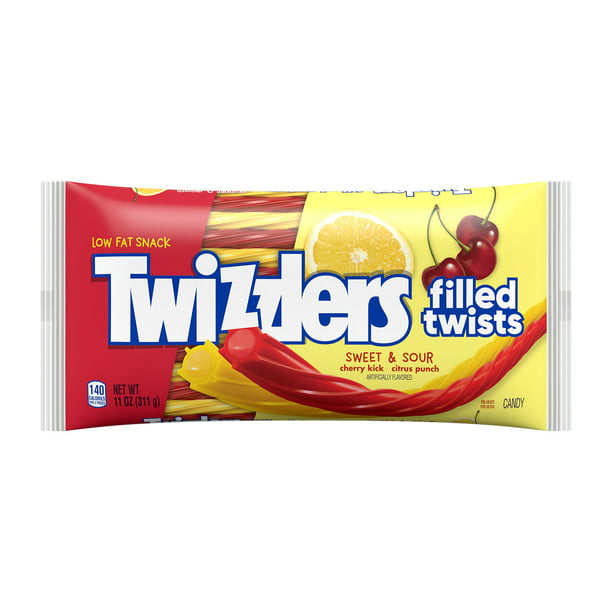 TWIZZLERS Filled Twists Sweet and Sour Cherry Kick Citrus Punch Flavored Chewy, Low Fat Candy Bag, 11 oz - LOOP MX