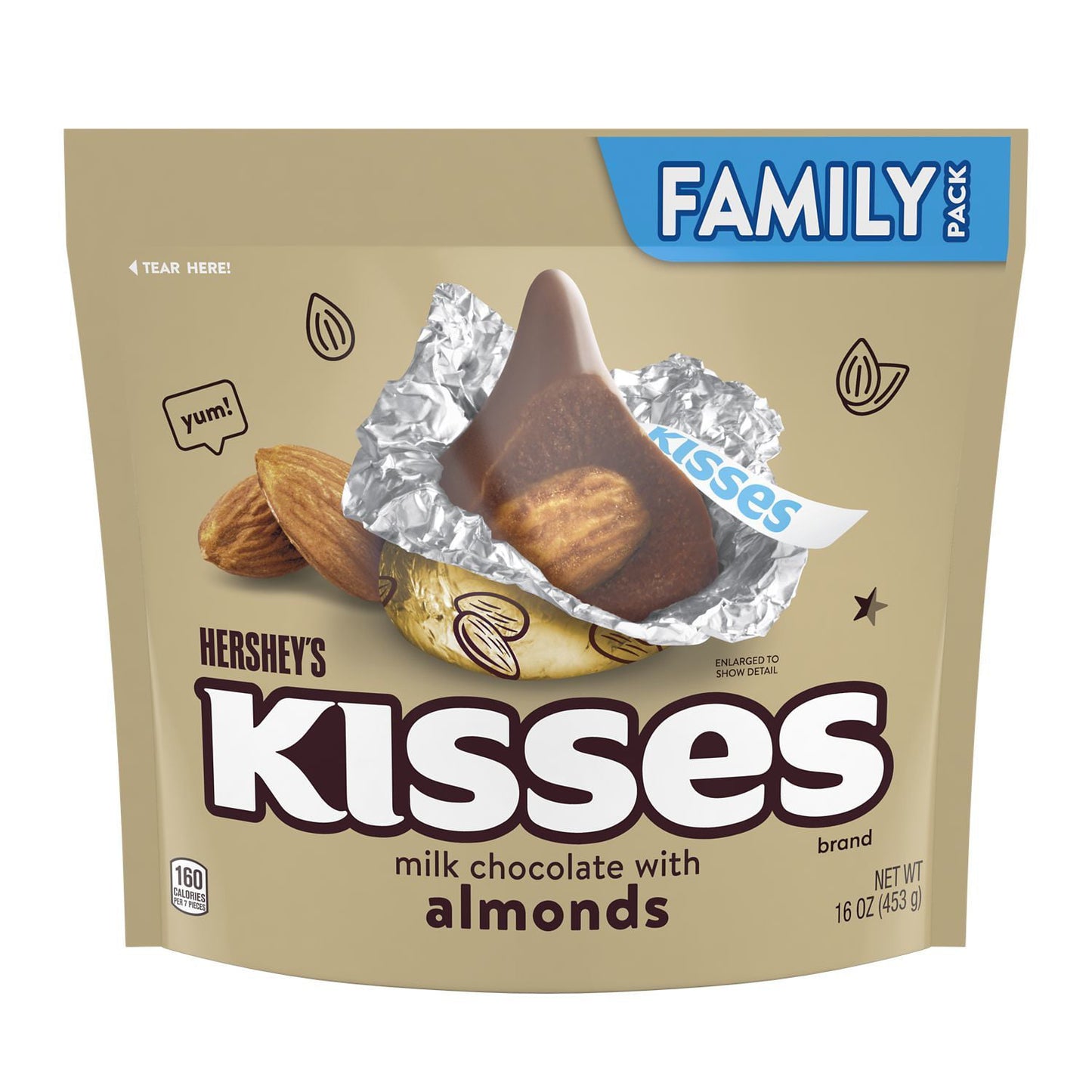 HERSHEY'S, KISSES Milk Chocolate with Almonds Candy, Individually Wrapped, 16 oz, Family Pack - LOOP MX