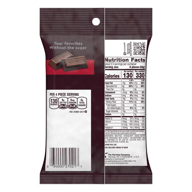 HERSHEY'S, SPECIAL DARK Zero Sugar Mildly Sweet Chocolate Candy Bars, Individually Wrapped, Aspartame Free, 3 oz, Bag - LOOP MX