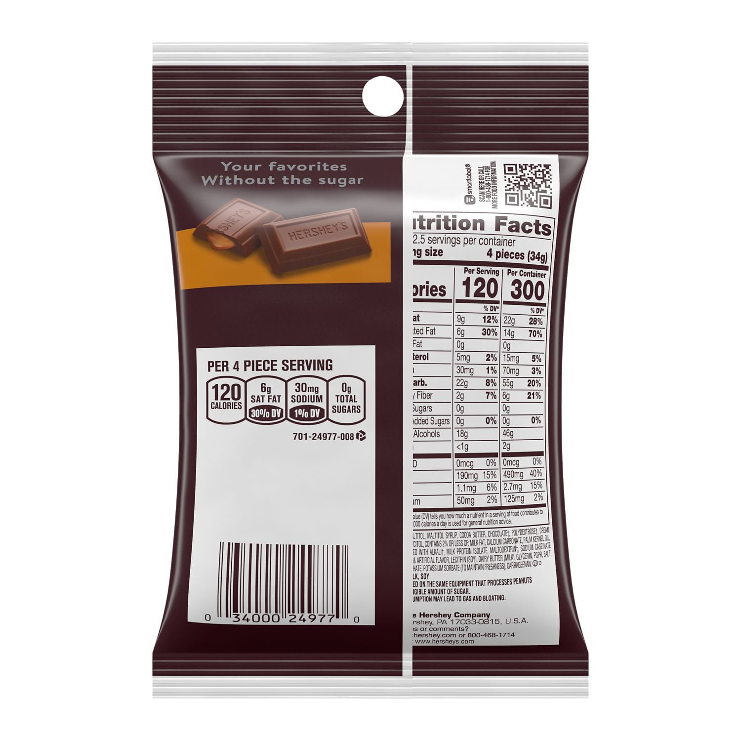 Hershey's Sugar Free Caramel Filled Chocolate Candy Bars, 3 oz Bag - LOOP MX