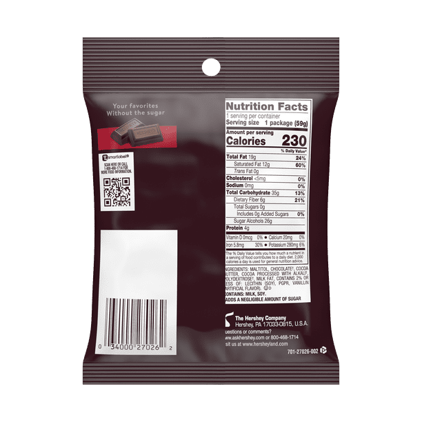 HERSHEY'S SPECIAL DARK Zero Sugar Mildly Sweet Chocolate Candy Bars, Individually Wrapped, Aspartame Free, 2.1 oz - LOOP MX